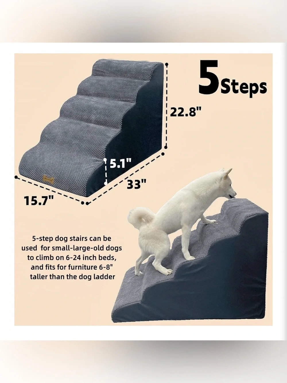 5 Step Dog Stairs for 23 Inch High Beds & 20-30 Inch Couch Bed, Non-Slip